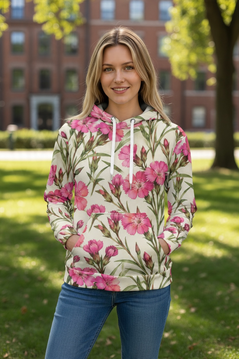 Pink Dianthus Floral Hoodie – Botanical Flower Print | Doog Les Fleur