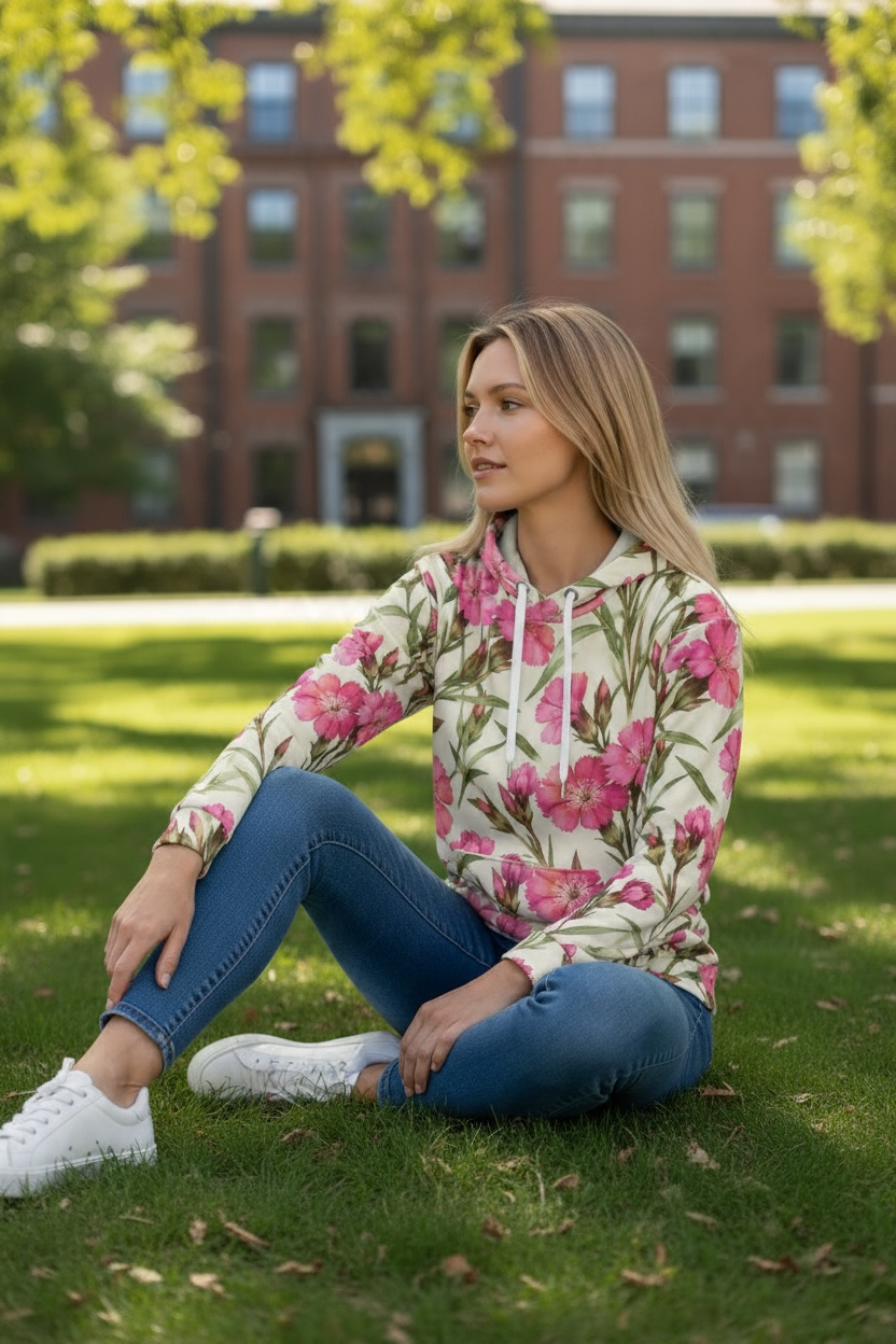 Pink Dianthus Floral Hoodie – Botanical Flower Print | Doog Les Fleur