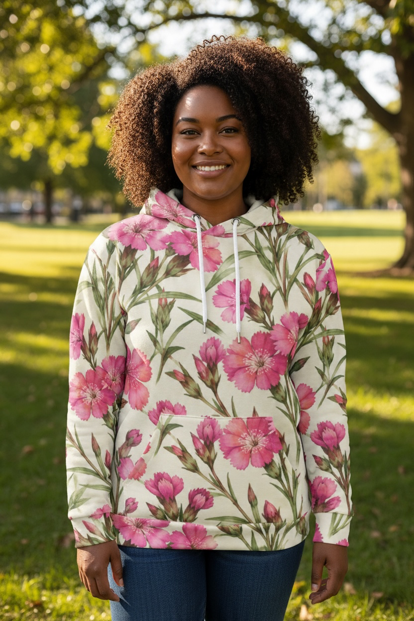 Pink Dianthus Floral Hoodie – Botanical Flower Print | Doog Les Fleur