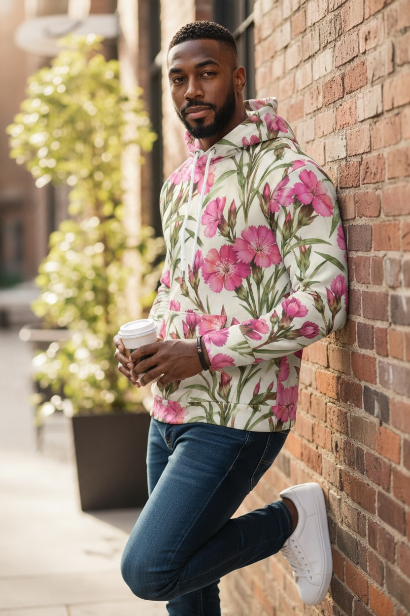 Pink Dianthus Floral Hoodie – Botanical Flower Print | Doog Les Fleur
