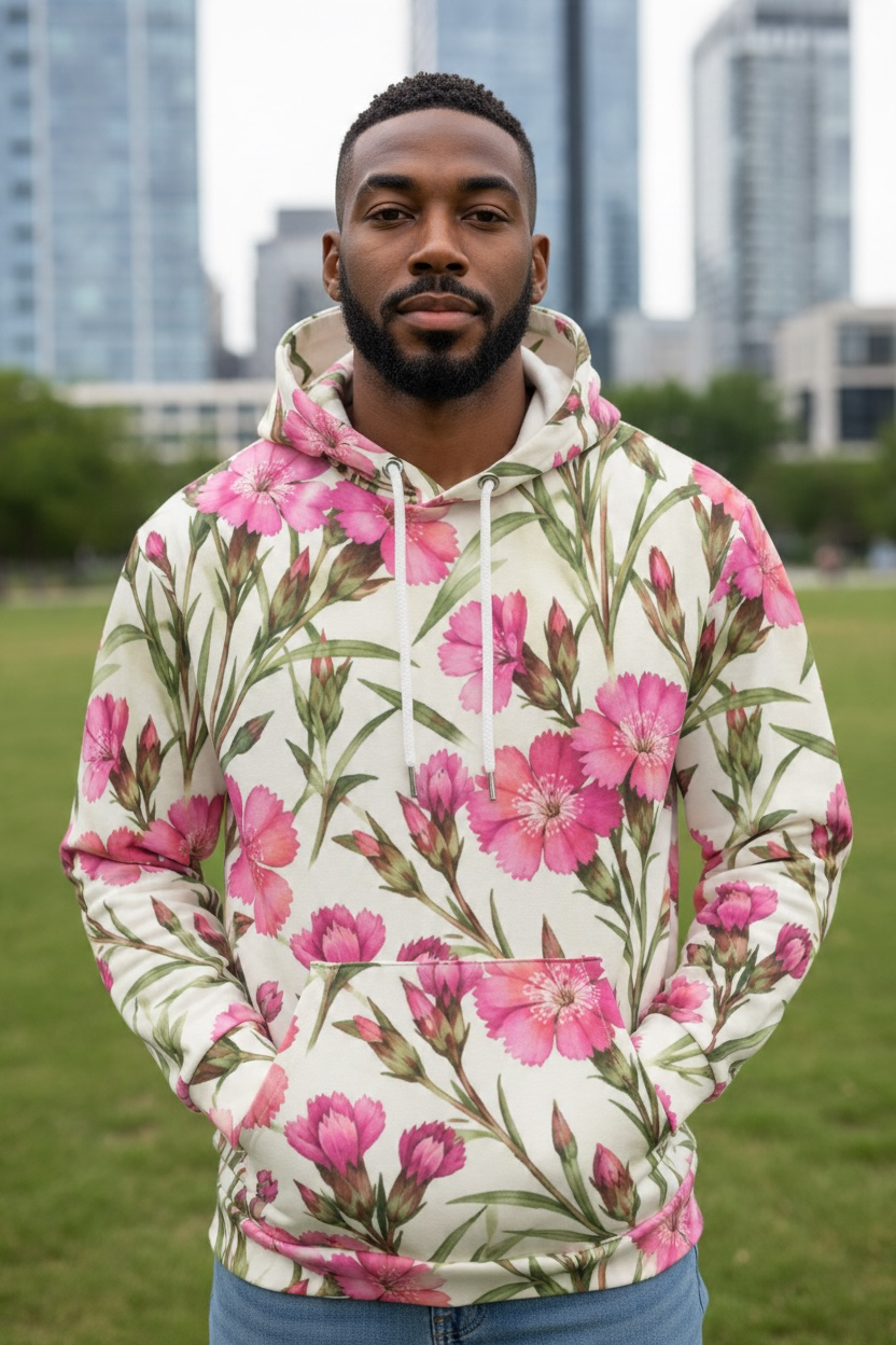 Pink Dianthus Floral Hoodie – Botanical Flower Print | Doog Les Fleur