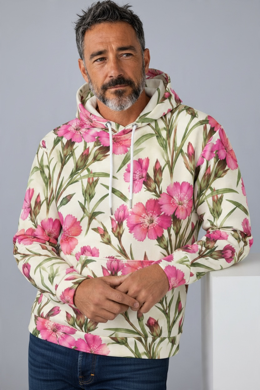 Pink Dianthus Floral Hoodie – Botanical Flower Print | Doog Les Fleur
