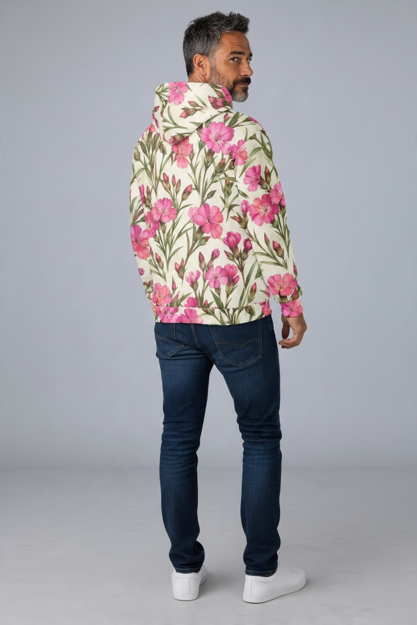 Pink Dianthus Floral Hoodie – Botanical Flower Print | Doog Les Fleur