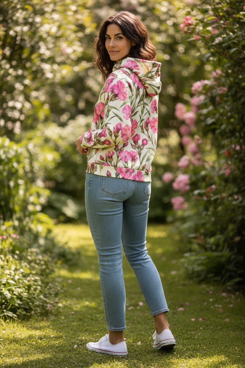 Pink Dianthus Floral Hoodie – Botanical Flower Print | Doog Les Fleur